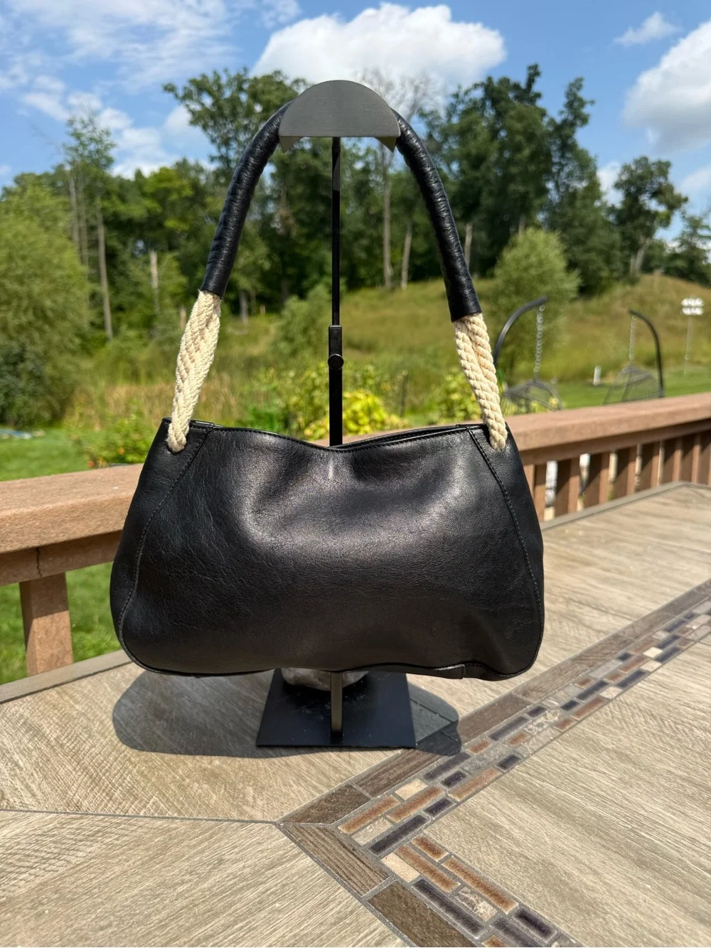 Vintage Furla Y2K Black leather baguette mini bag with Rope Handle